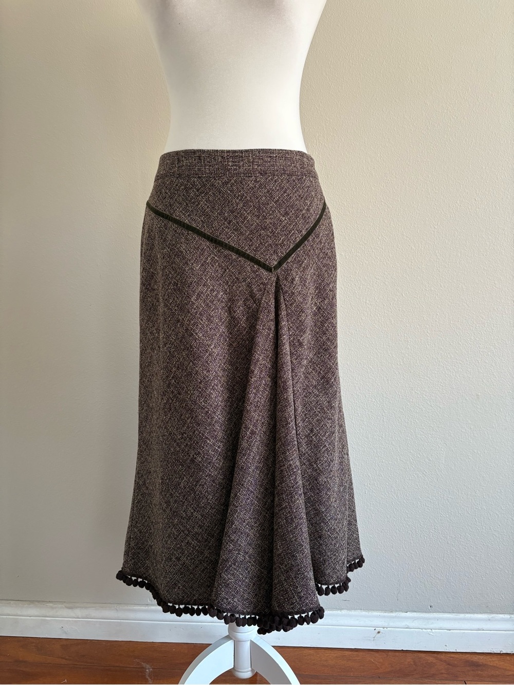 Brown Tweed A-Line Midi Skirt with Pom Hem